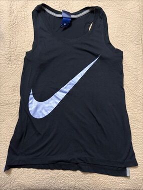 Nike Women's Black Tank Top with Large Blue Swoosh